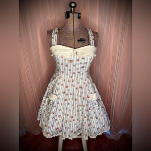 Hell Bunny Size Medium floral lace trimmed with pearl detail and pockets dress